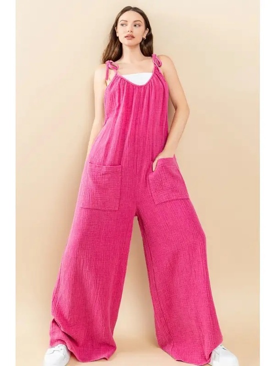 Oddi Pants - Oddi Women's Hot Pink Gauze Wide-Leg Jumpsuit — NWT